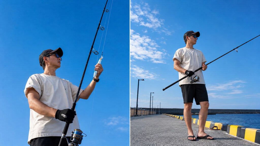 NANGA DotAir® COMFY TEEとSHORTSを着用して釣りをする男性・青空と港を背景に