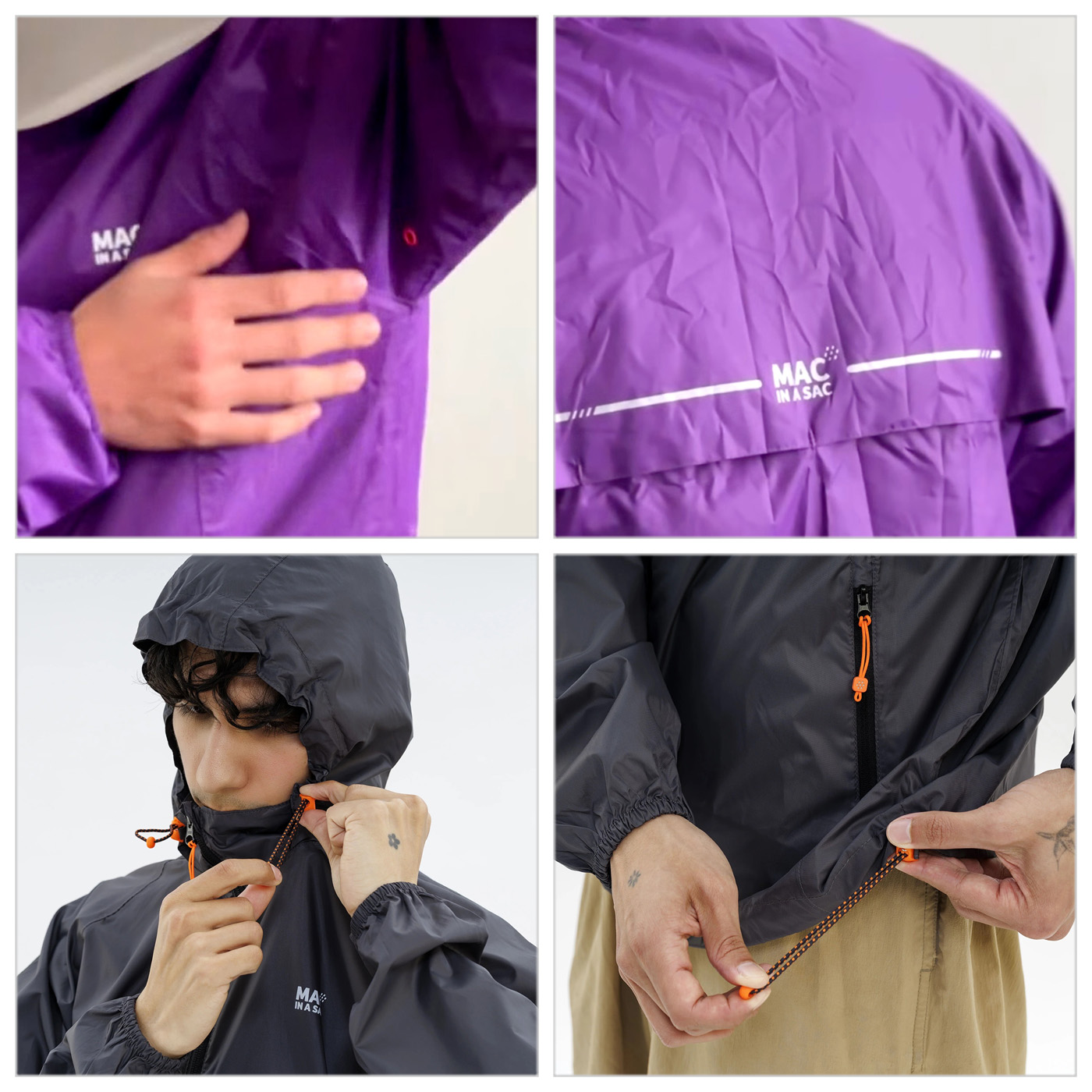 MAC IN A SAC Originのディテール 前立てフラップ・反射ロゴ・フード・袖口ドローコード