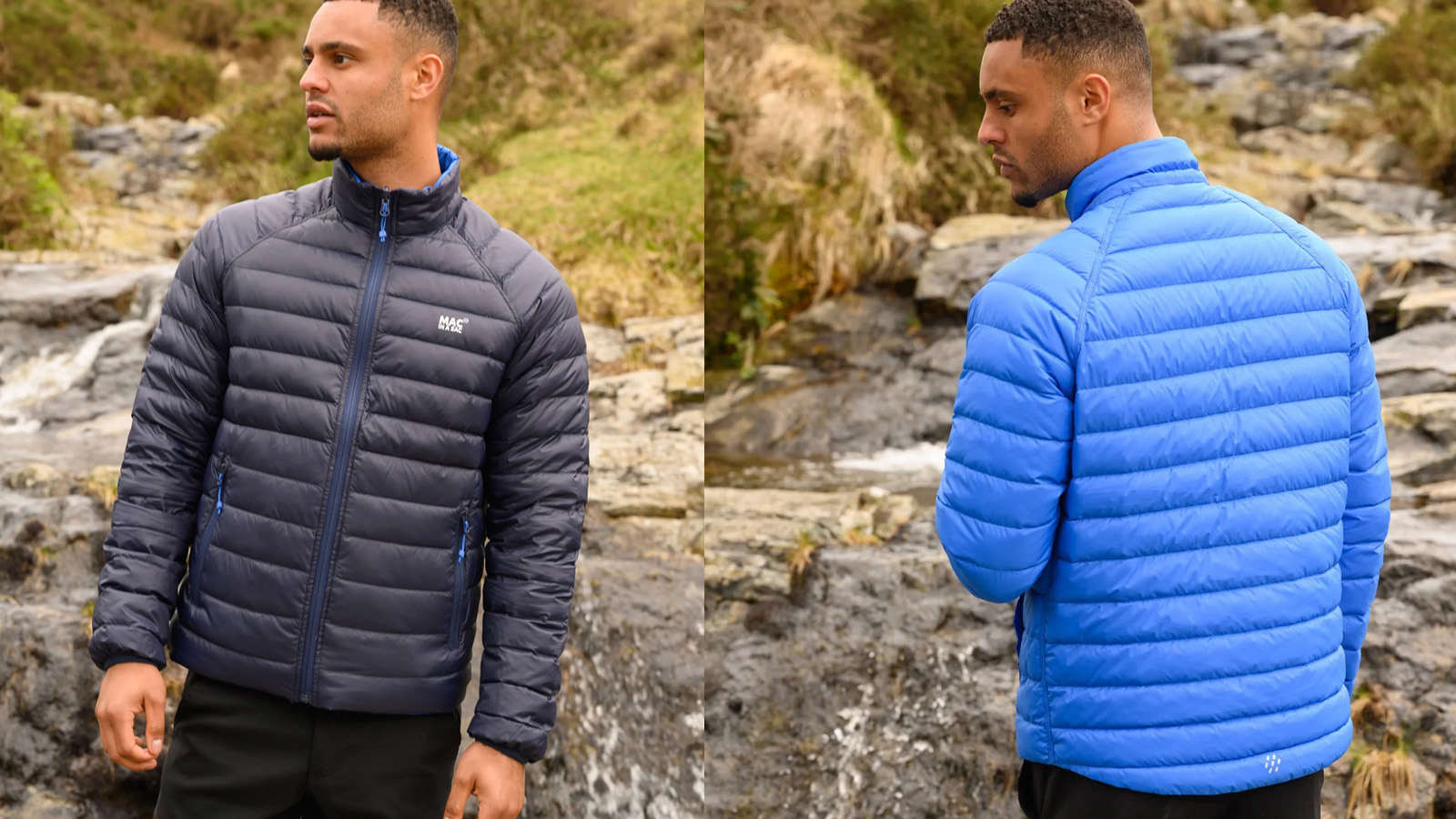 MAC IN A SAC Polar Down Jacketのリバーシブル表裏を見せる着用イメージ