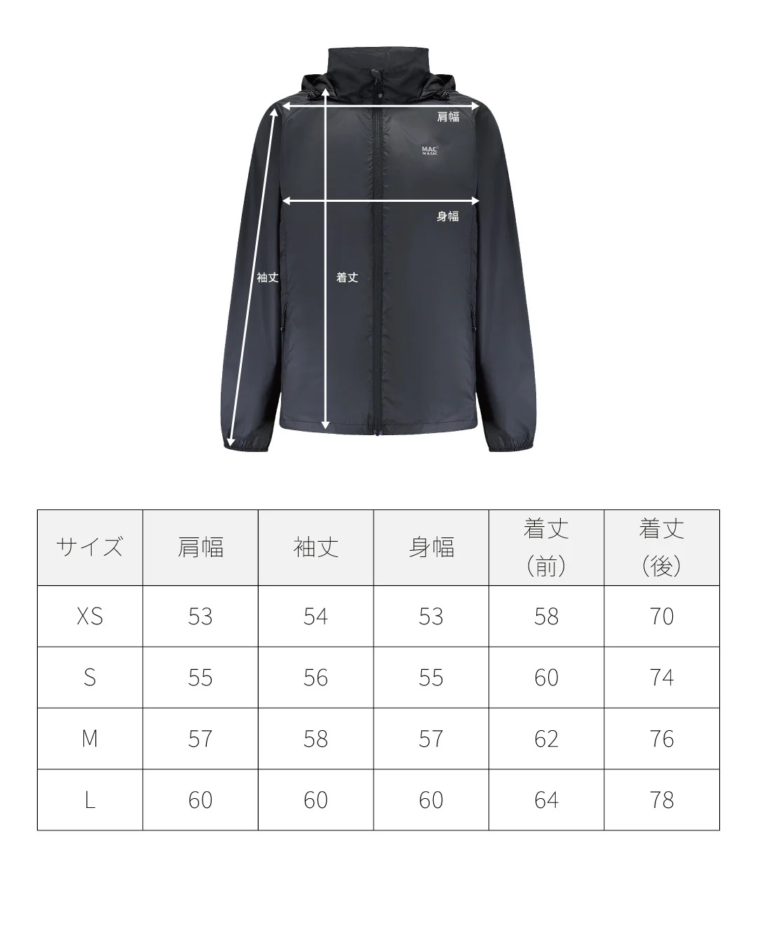 MAC IN A SAC Originのサイズチャート