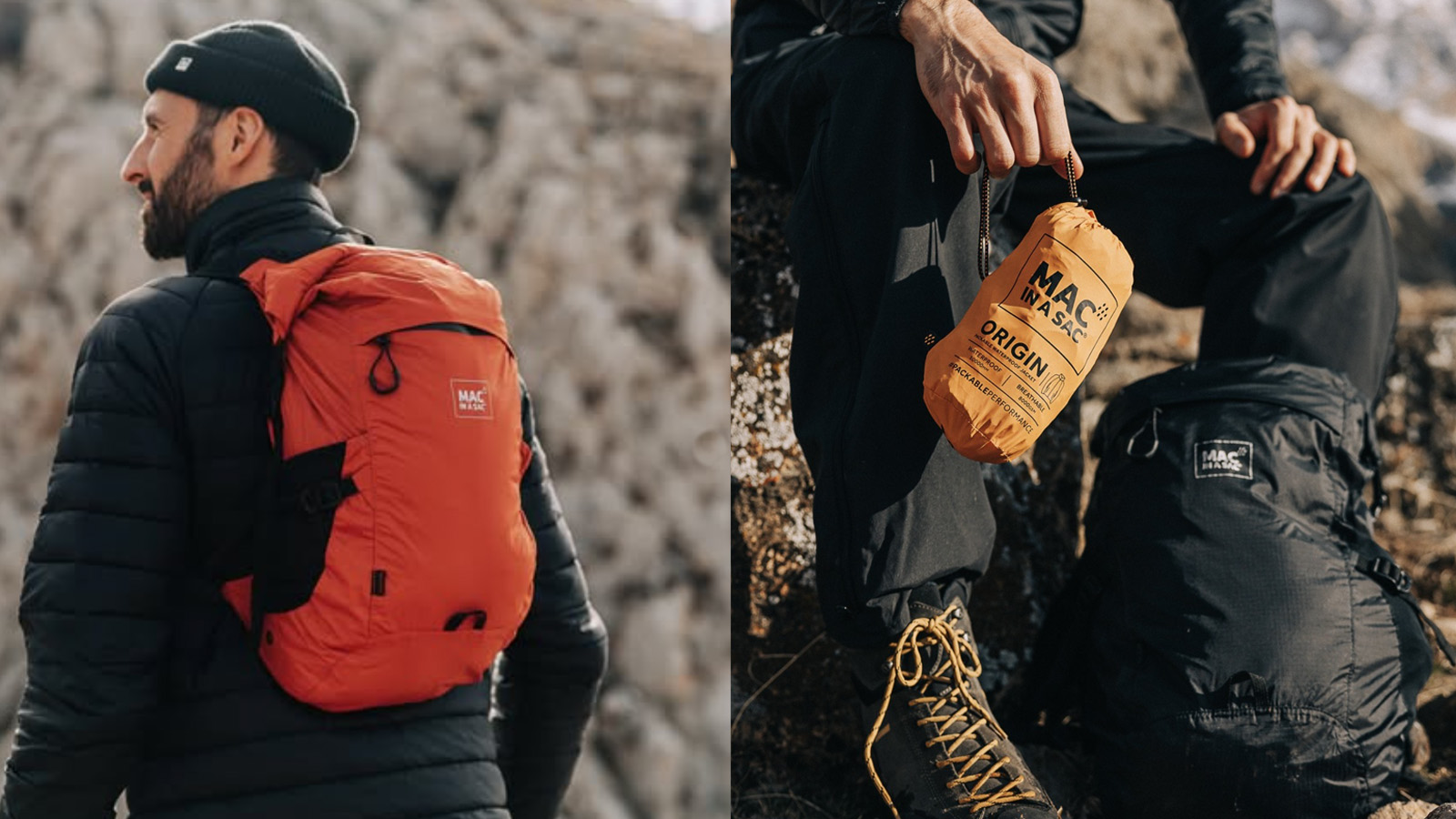 MAC IN A SAC Travelite Backpackを背負いOriginの収納サックを見せる様子