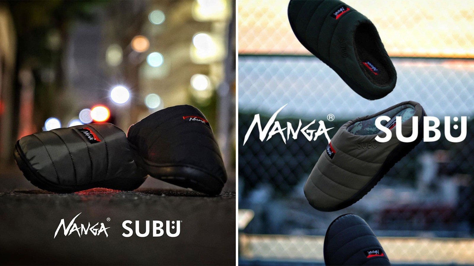 NANGA×SUBU ウィンターサンダル 夜の街に置いたサンダルと宙に浮くサンダル